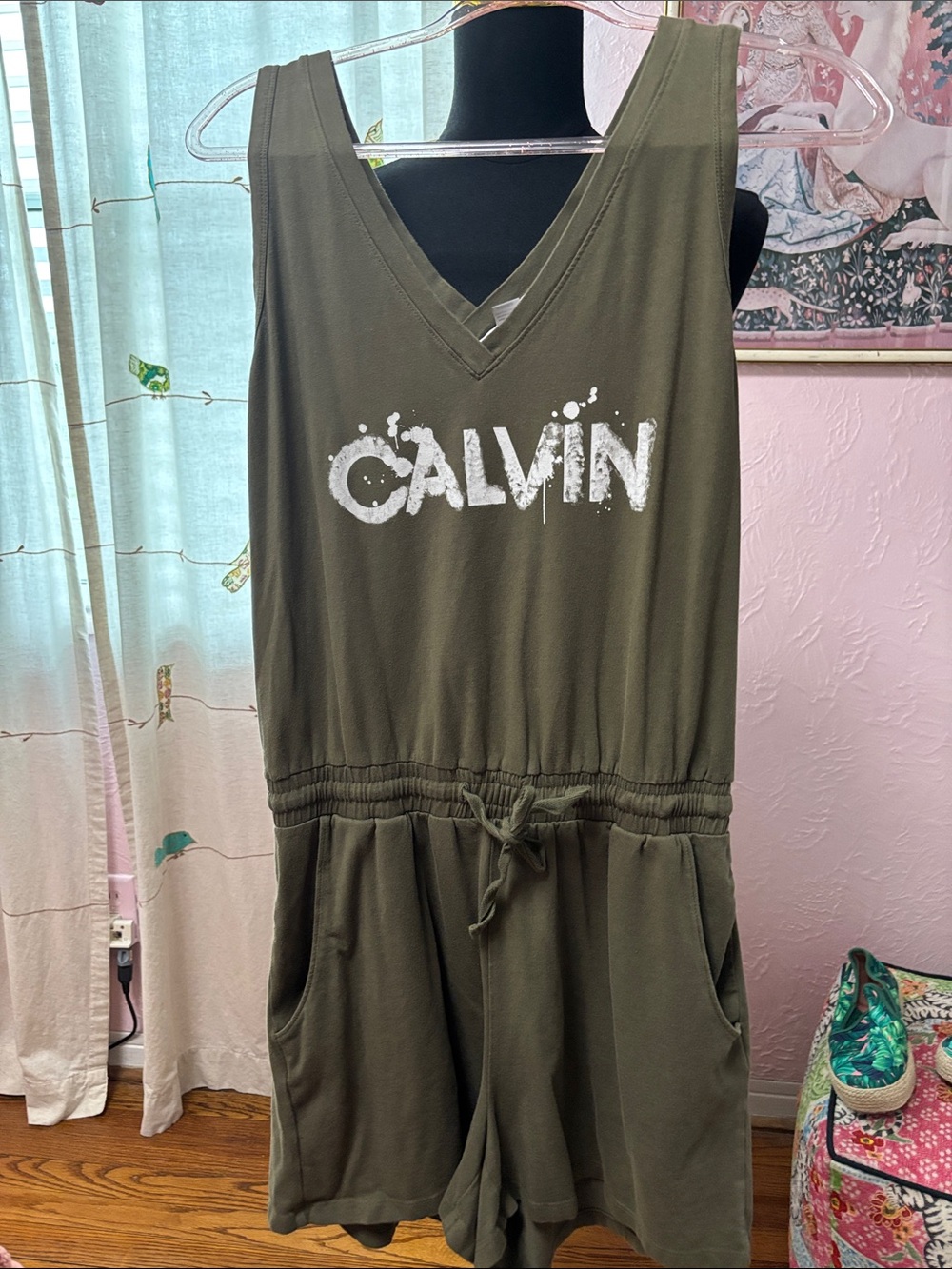 Calvin Klein Olive Green V-Neck One-Piece Romper with White Logo